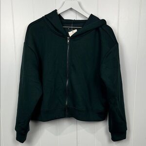 a new day Womens Boxy Fit Sweatshirt XL Spruce Green Hoodie Zip Front Crop NWT